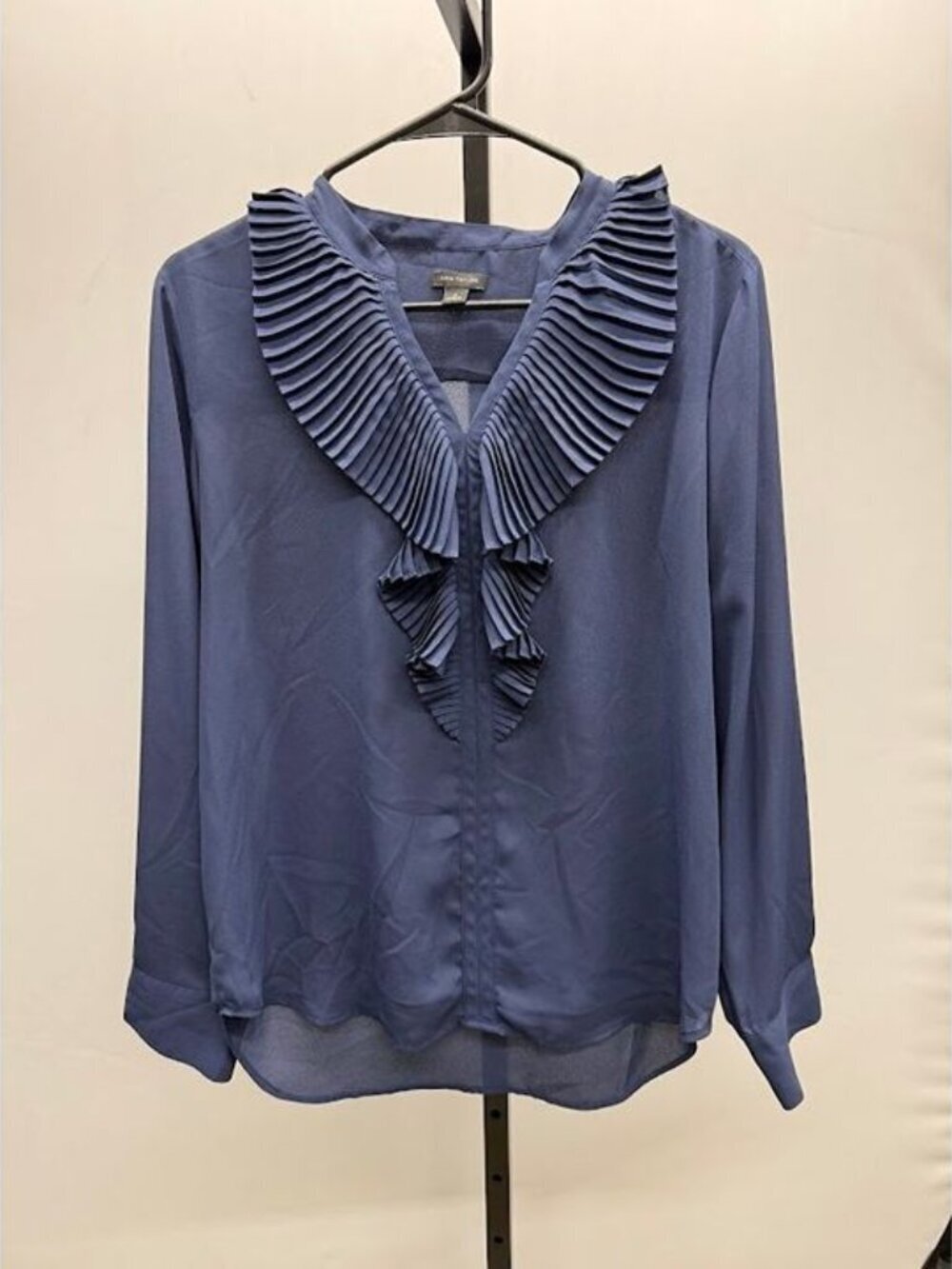Ann Taylor Blue Ruffle Neckline Sheer Long Sleeve Blouse